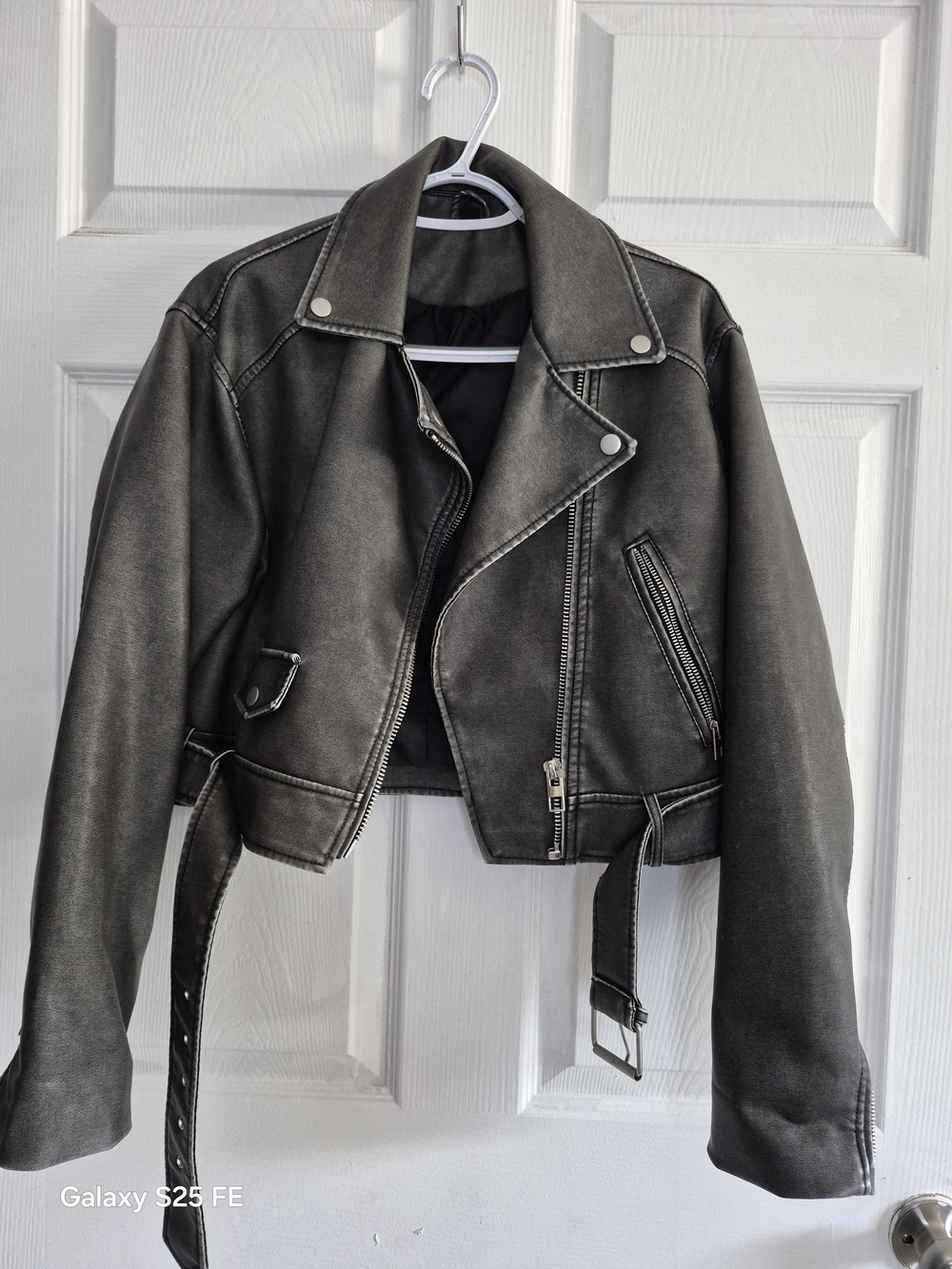 (S)Womens Gray Cropped Moto Jacket - Unbranded